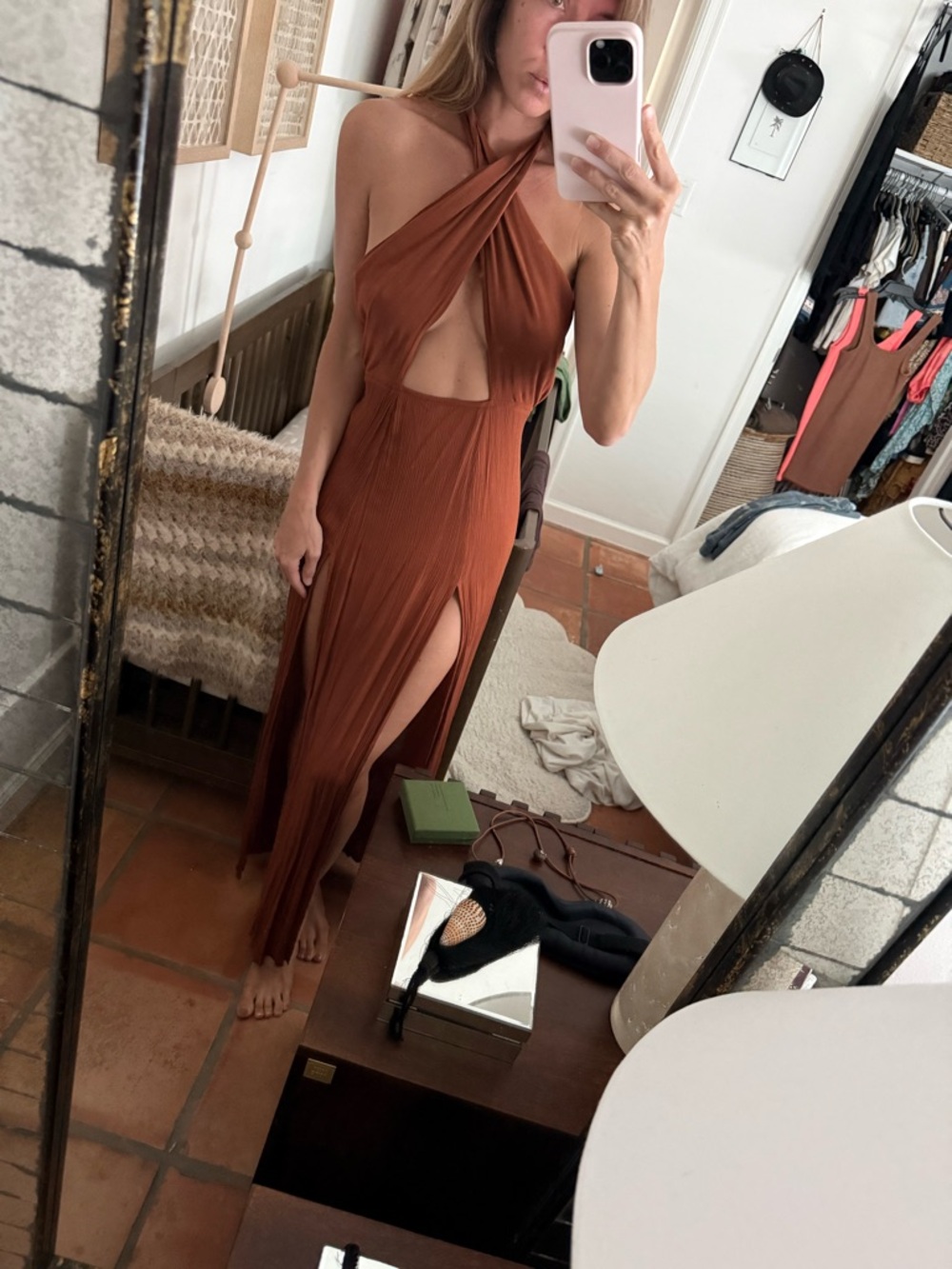 Flook the Label Halter Cutout Maxi Dress in Rust Brown